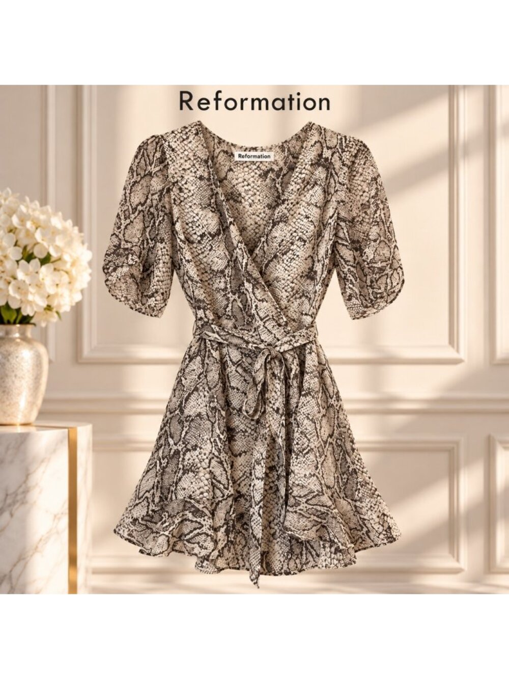 Reformation Snakeskin Print Wrap Mini Dress Puff Sleeve Tie Waist Size M